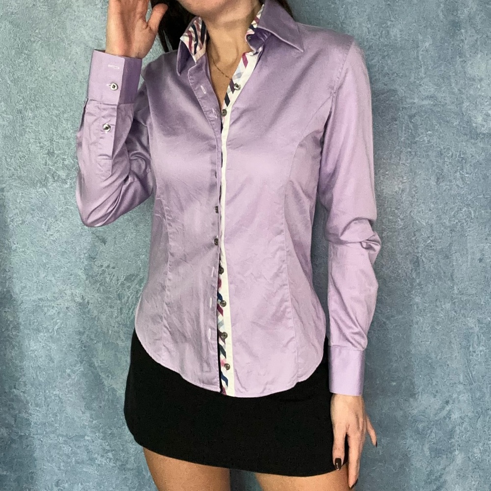 Lavender Button-Down Shirt with Patterned Trim